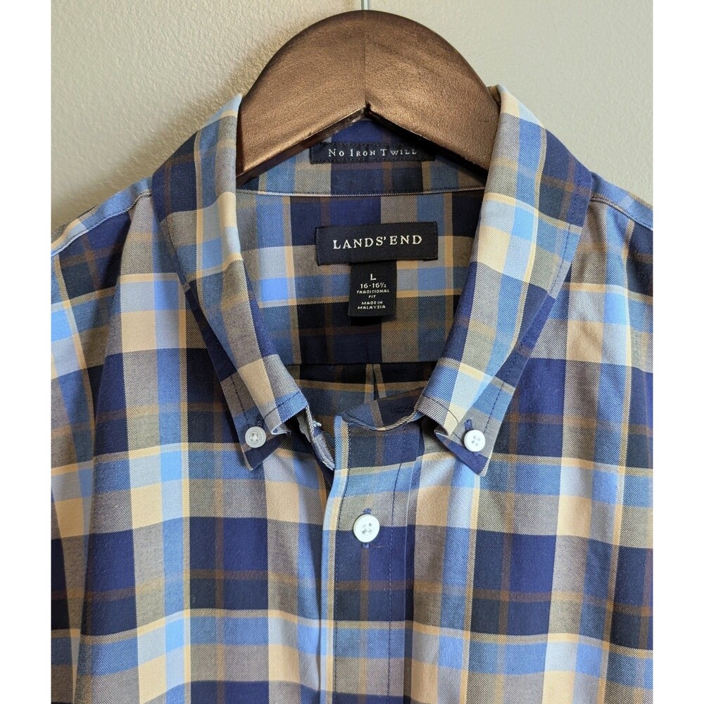 Lands' End Dress Shirt Mens 16 L Large Blue Plaid Twill No Iron Button Down LS L